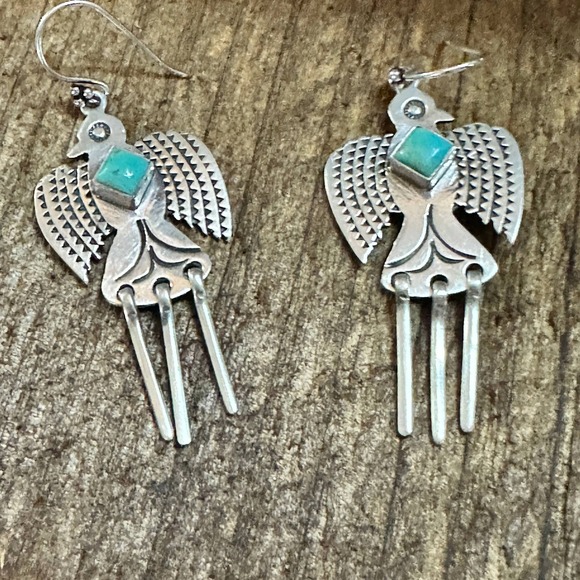 Sterling Silver Kingman Turquoise Dangle Thunderbird Necklace and Earrings Set - Picture 7 of 8
